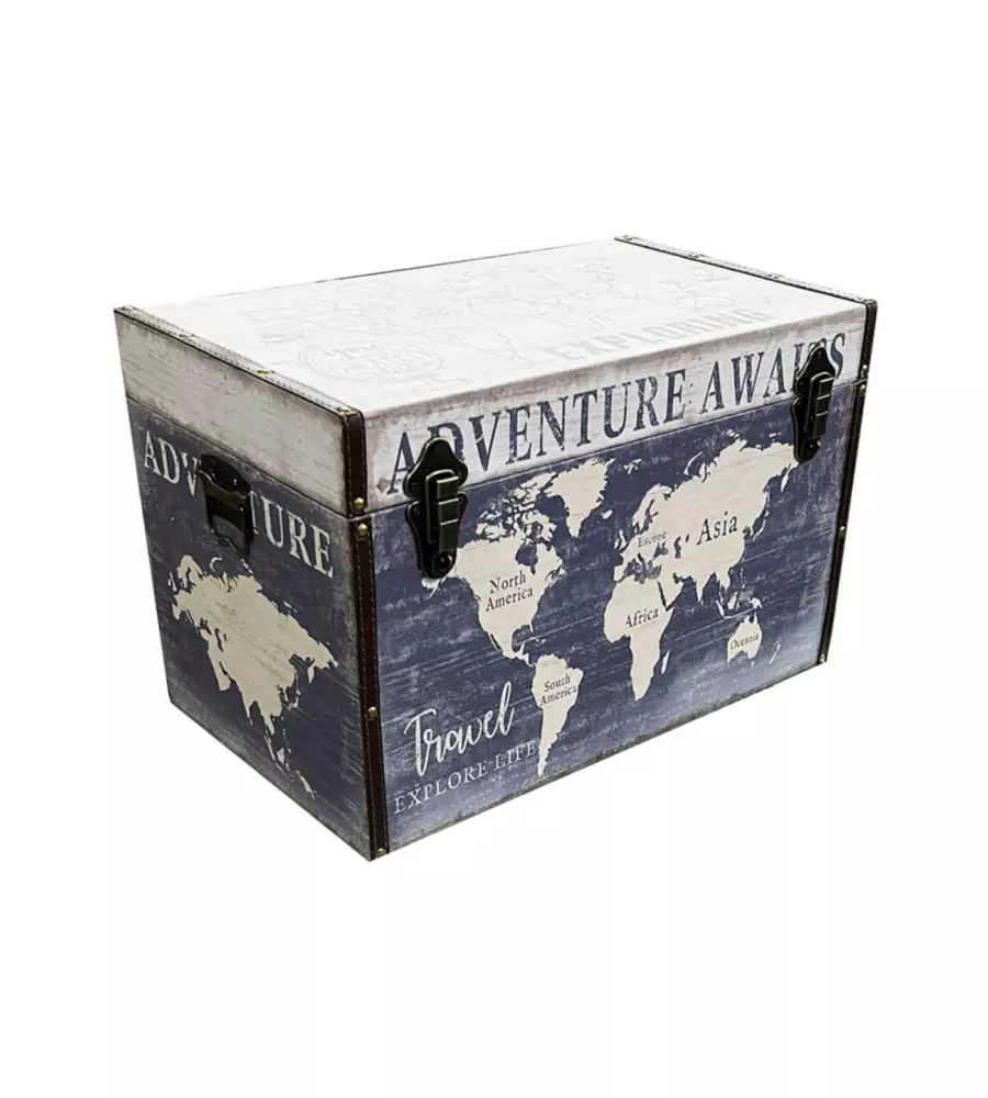 Baule in legno vintage bellahome rivestito in ecopelle fantasia adventure grande 69x40x44 cm