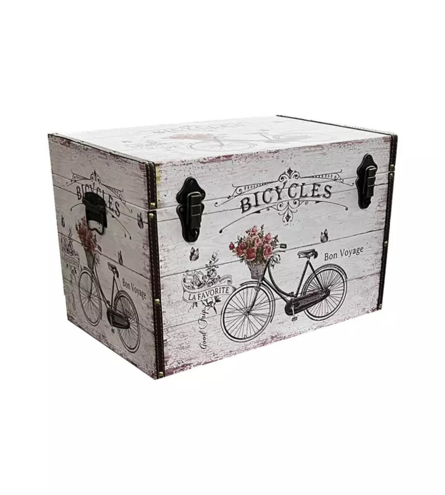 Baule in legno vintage bellahome rivestito in ecopelle fantasia bicycles grande 69x40x44 cm