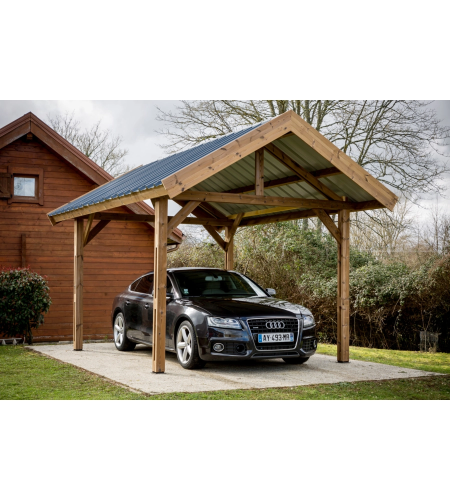 Carport auto in legno termo-trattato e acciaio habrita "thurac 3550 t" 1 posto 3,55x5,04x3,38 mt