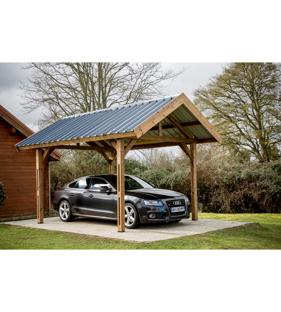 Carport auto in legno termo-trattato e acciaio habrita "thurac 3550 t" 1 posto 3,55x5,04x3,38 mt