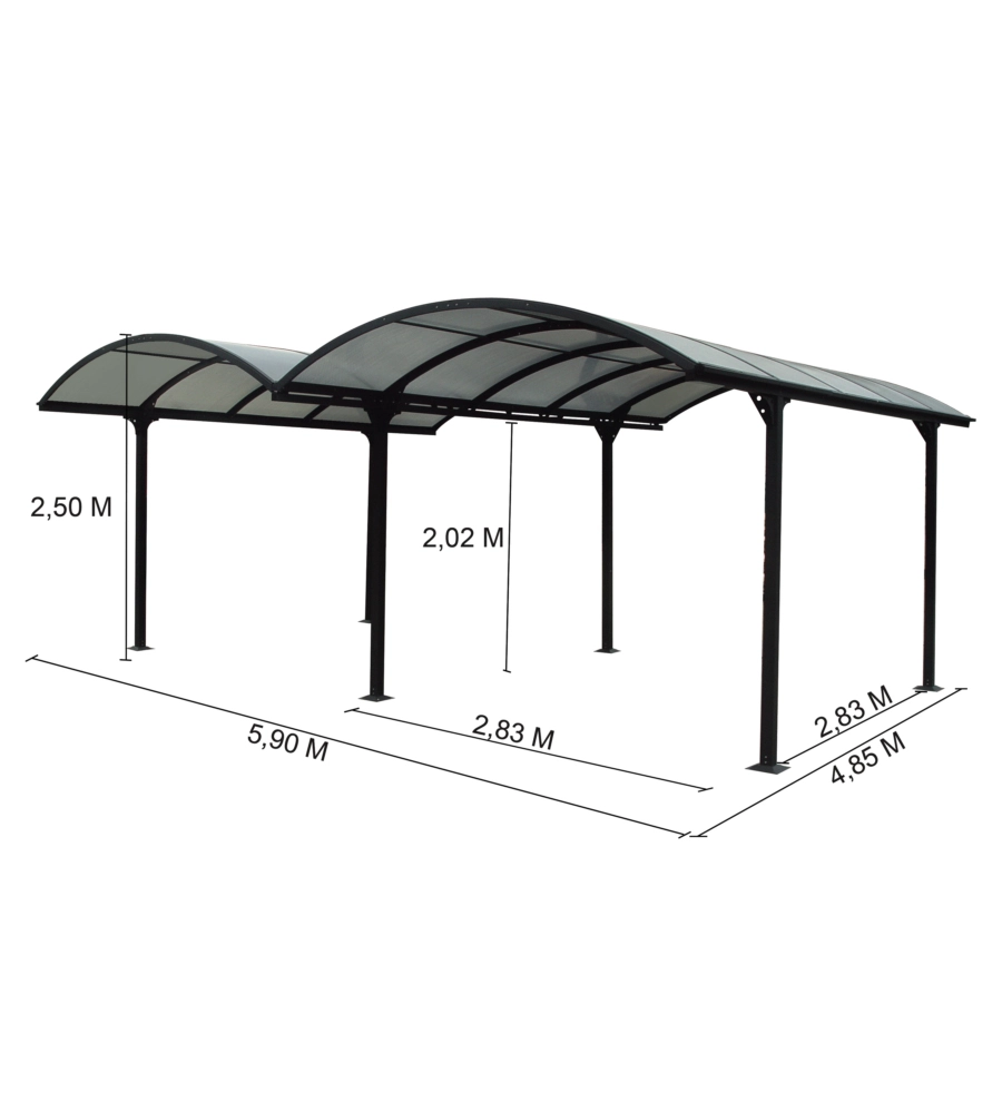 Carport auto in alluminio e policarbonato habrita 'car 6048 alrp t' 2 posti 4,85x5,90x2,50 mt