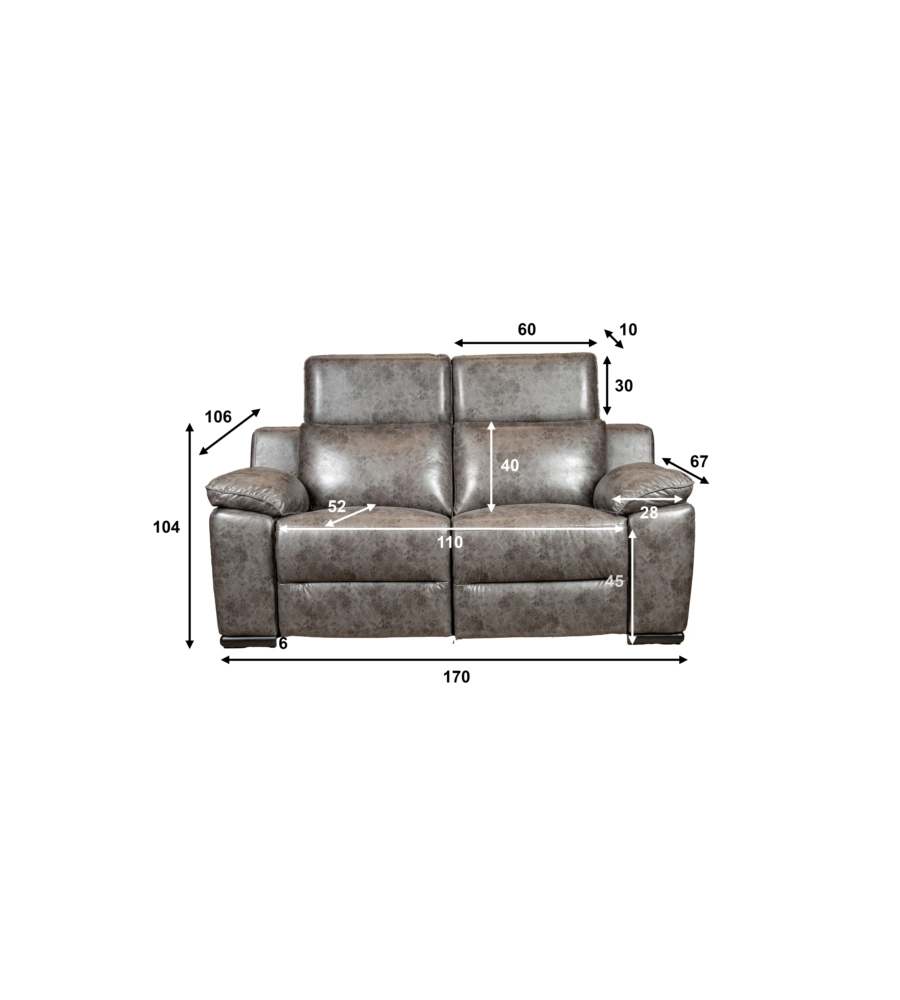 Divano 2 posti bellahome 'giulia' con sistema relax, in ecopelle effetto invecchiato grigio 170x106x85 cm