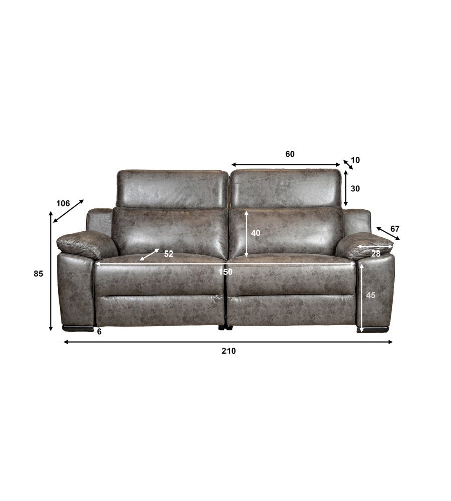 Divano 3 posti bellahome 'giulia' con sistema relax, in ecopelle effetto invecchiato grigio 210x106x85 cm