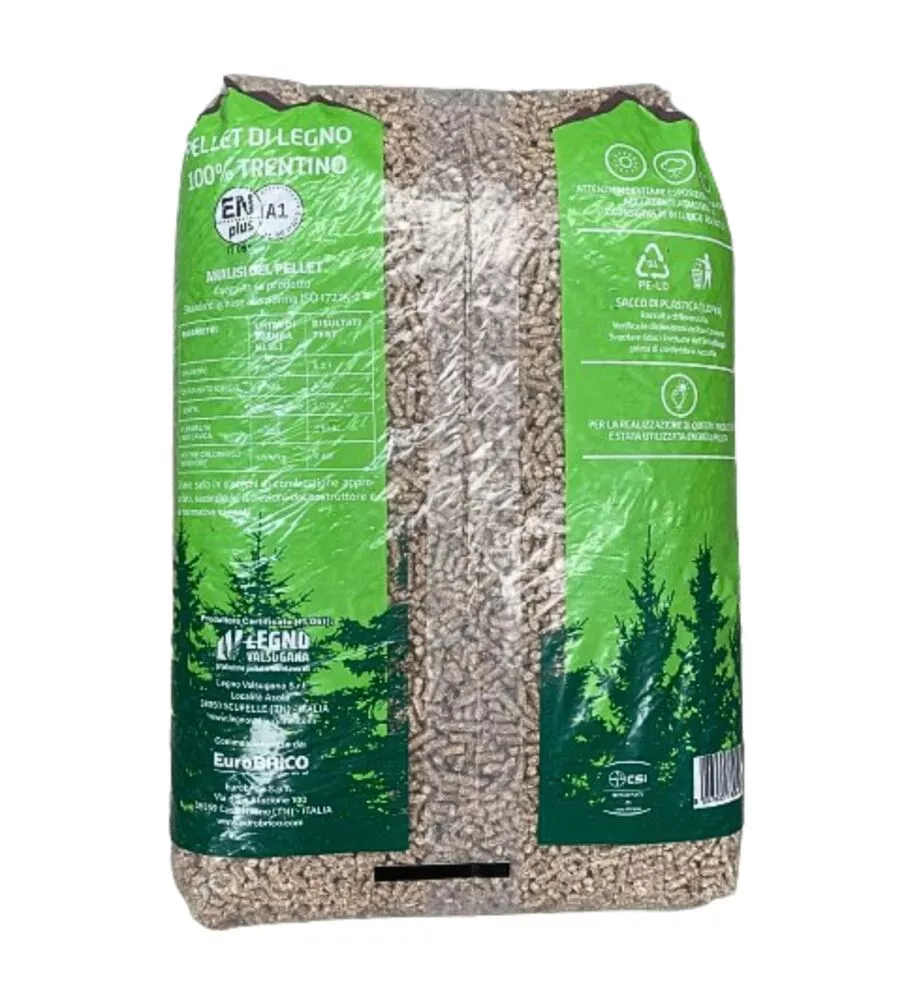 Sacco pellet in legno di abete certificato en plus a1 prodotto in trentino, 15 kg