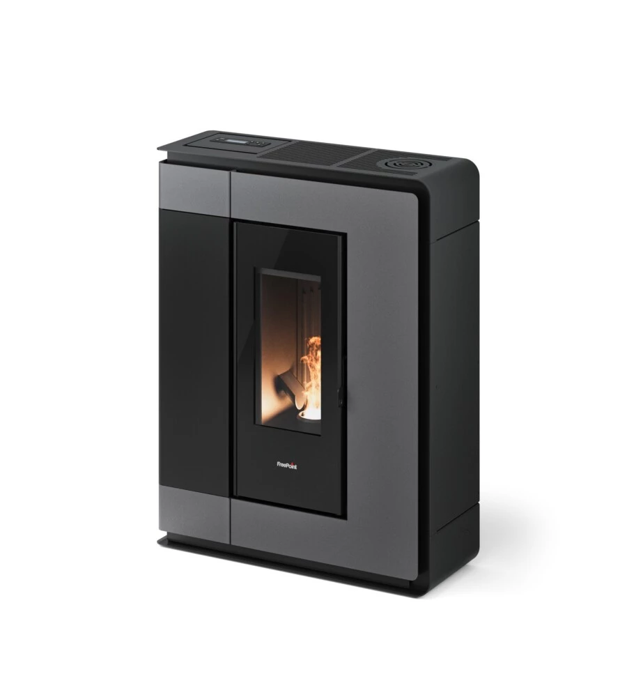 Stufa a pellet slim canalizzata ermetica freepoint "arco 9" titanium 8,5 kw con wi-fi