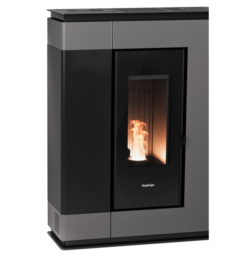 Stufa a pellet slim canalizzata ermetica freepoint "arco 9" titanium 8,5 kw con wi-fi