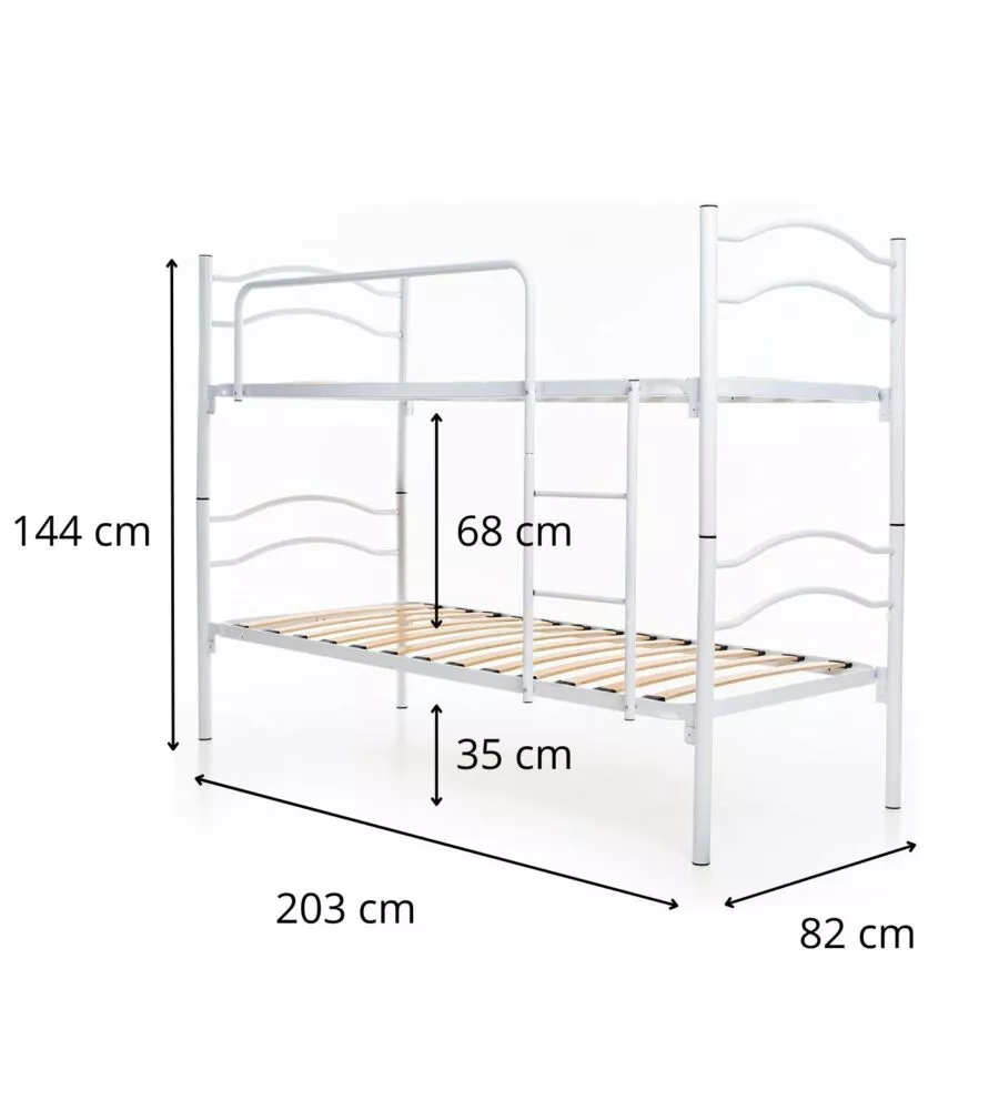 Letto a castello singolo scomponibile in metallo bianco con doghe in legno, 203x145,5x83 cm