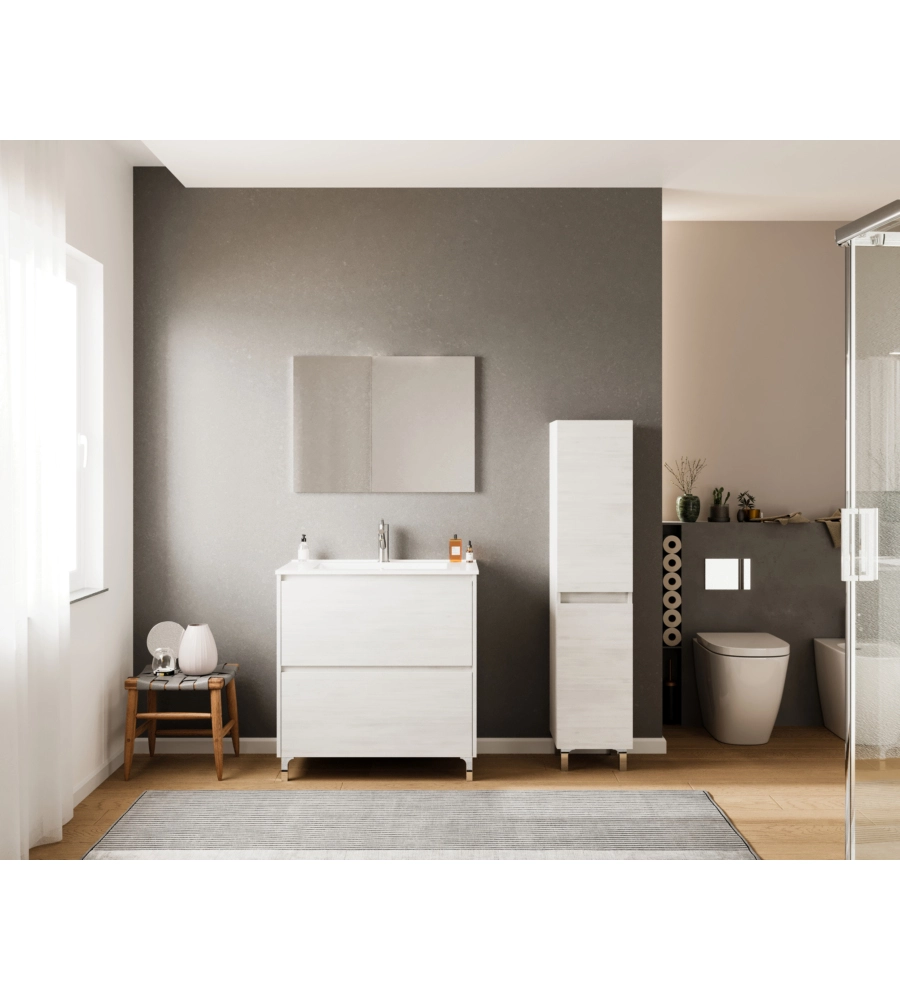 Mobile bagno "lisbona" con lavabo, specchio e 2 cassetti colore rovere bianco, 80x47x85 cm