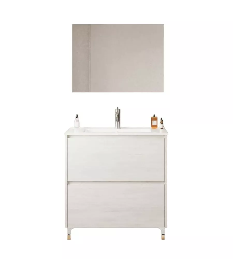 Mobile bagno "lisbona" con lavabo, specchio e 2 cassetti colore rovere bianco, 80x47x85 cm