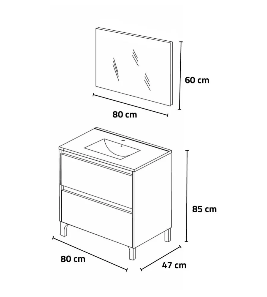 Mobile bagno 'lisbona' con lavabo, specchio e 2 cassetti colore rovere bianco, 80x47x85 cm