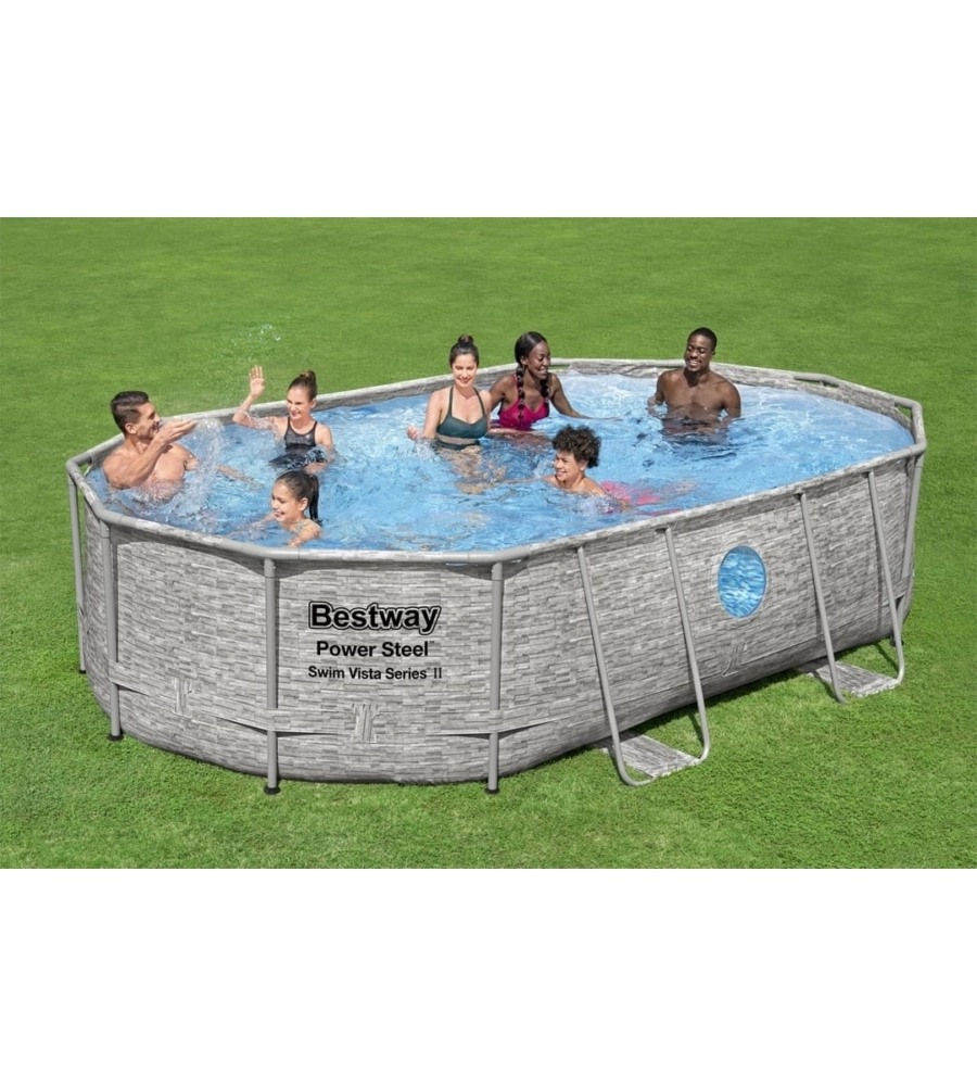 Piscina fuori terra ovale bestway "power steel swim vista" effetto pietra con oblo' 488x305x107 cm