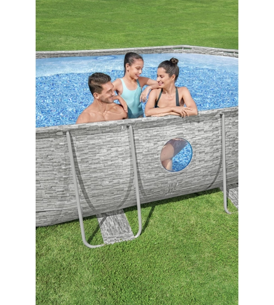 Piscina fuori terra ovale bestway "power steel swim vista" effetto pietra con oblo' 488x305x107 cm