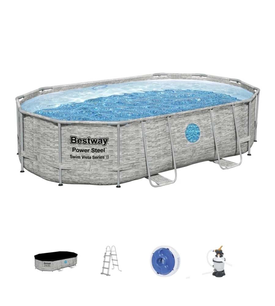 Piscina fuori terra ovale bestway "power steel swim vista" effetto pietra con oblo' 488x305x107 cm