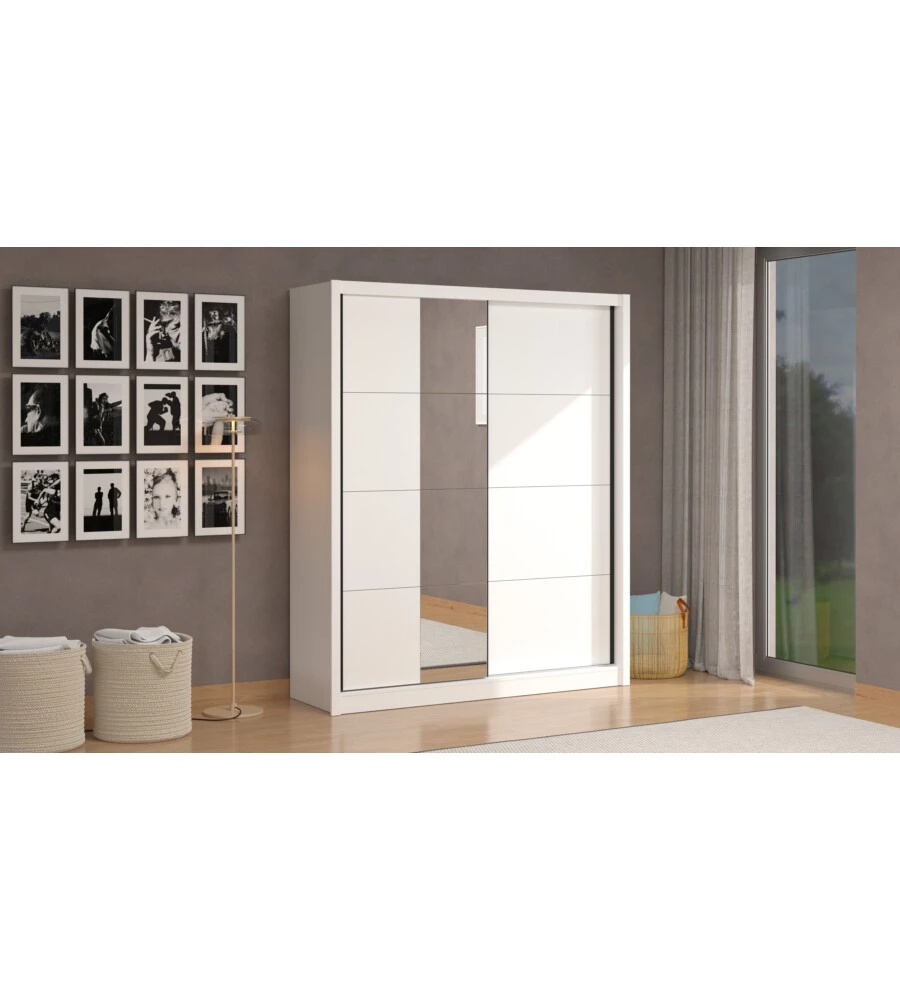 Armadio bellahome "alba" con 2 ante scorrevoli con specchio bianco, 180x59,8x215,5 cm