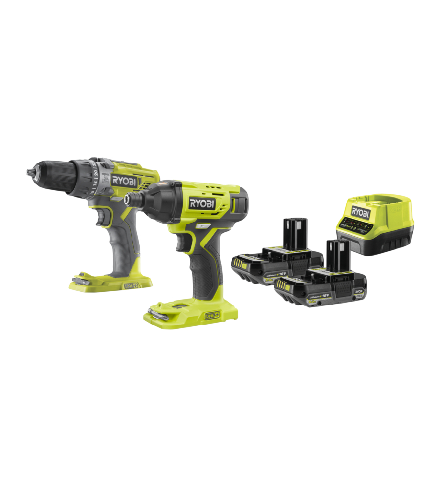 Kit ryobi "r18ck2-2c20g" con trapano avvitatore "r18pd3" e avvitatore ad impulsi "r18id2" con 2 batterie 18v 2.0ah