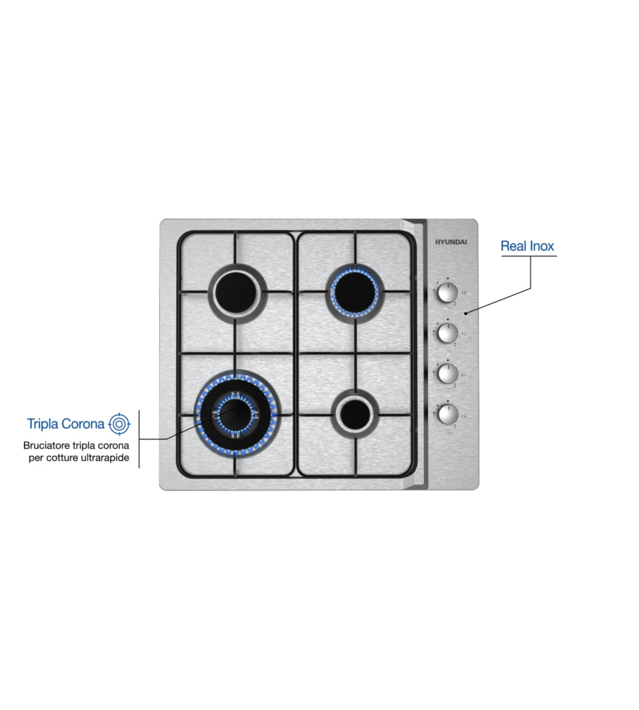 Piano cottura hyundai "ghhn-m604l3" in acciaio inox 4 fuochi 59x50x9,5 cm