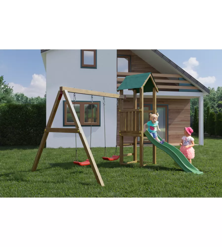 Gioco per bambini da esterno in legno fungoo "lucas" con torretta, 2 altalene e scivolo 310x275x245 cm