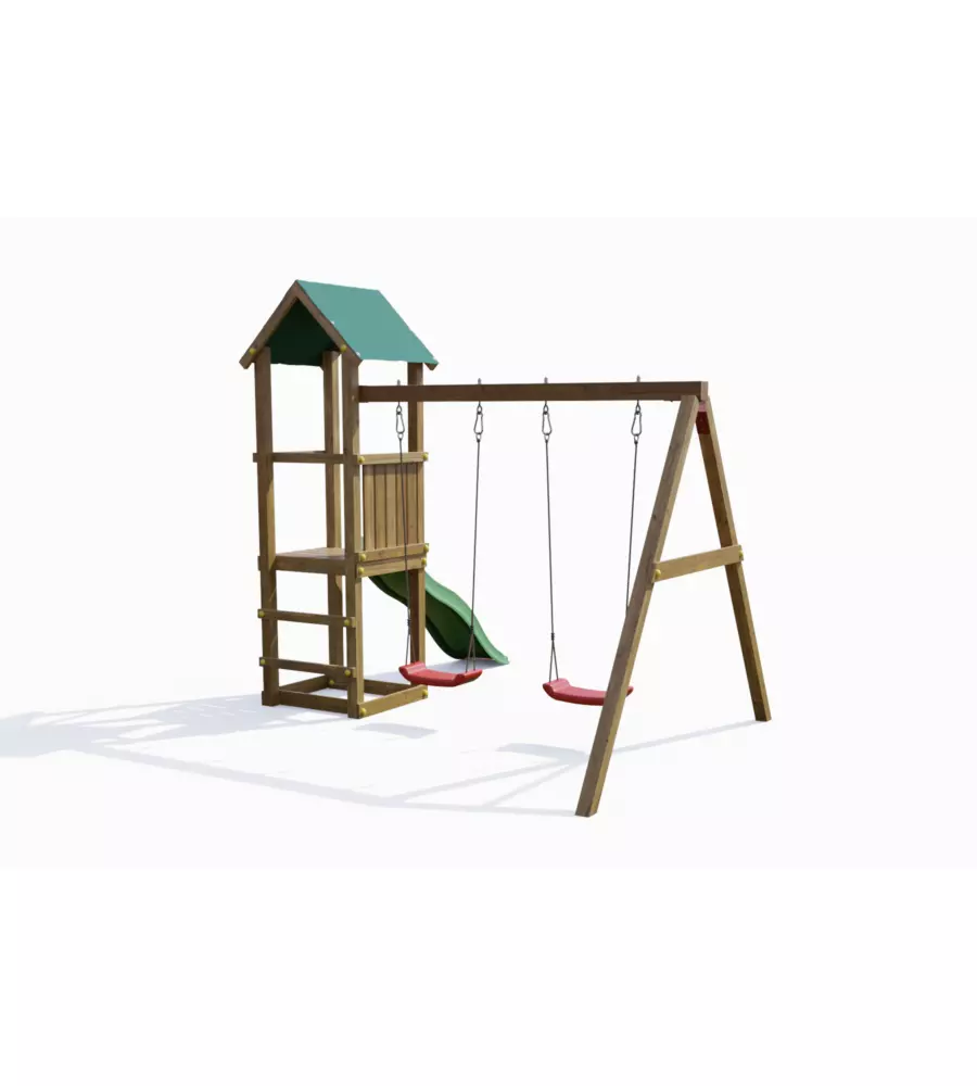 Gioco per bambini da esterno in legno fungoo "lucas" con torretta, 2 altalene e scivolo 310x275x245 cm