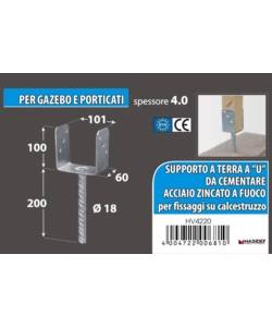 Supporto a "u" per pali 101 x 65 x 105 x 200 mm.