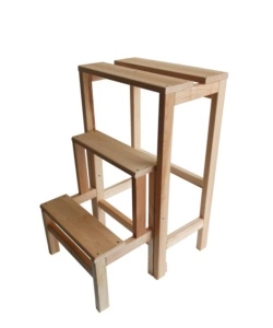 Sgabello scala con 3 gradini a ribalta richiudibile in legno, 37x23x60 cm