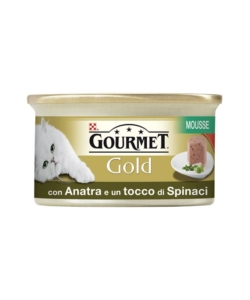 Gourmet gold, alimento umido per gatto, mousse con anatra e un tocco di spinaci.