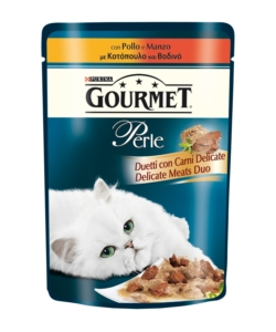 Gourmet perle, alimento umido per gatto, duetti di carne con manzo e pollo.