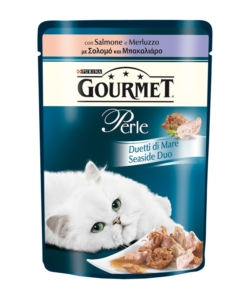 Gourmet perle, alimento umido per gatto, duetti di mare con salmone e merluzzo.