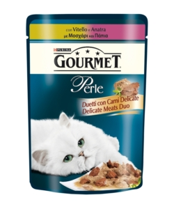 Gourmet perle, alimento umido per gatto, duetti di carne con  vitello e anatra.