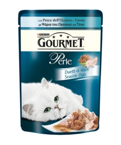 Gourmet perle, alimento umido per gatto, duetti di mare con pesce dell'oceano e tonno.