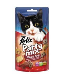 Alimento gatto 'felix party mix mixed grill' con manzo, pollo e salmone.