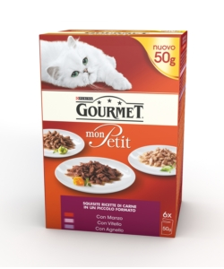 Gourmet mon petit, alimento umido per gatto, carne di manzo, vitello e agnello.