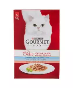 Gourmet mon petit alimento per gatto umido con merluzzo, sardine e salmone 6x50 gr.