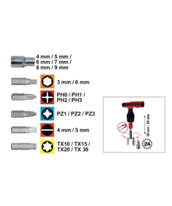 Mini cricchetto a t con inserti e bussole, set 24 pz.