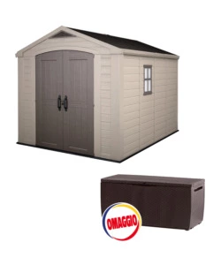 Casetta da giardino keter 'factor 8x11' in resina colore beige con porta battente doppia 256,4x331,5x243 cm