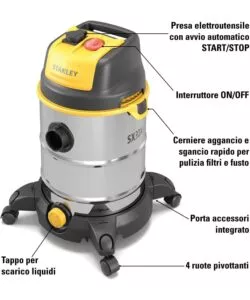 Bidone aspirapolvere 30 litri aspira solidi e liquidi con funzione soffiante sxvc30xtde 1600 watt - stanley