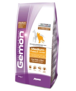 Crocchette cane monge gemon medium puppy & junior con pollo e riso  per cuccioli - 15 kg