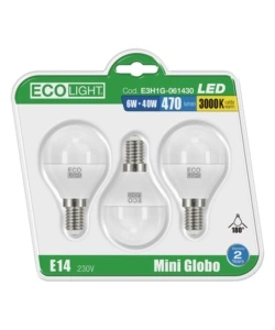 Set di 3 lampadine led 6 w luce calda 3000 k- mini globo