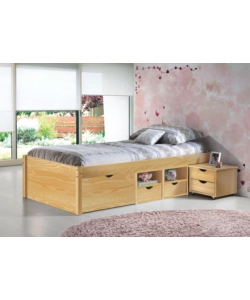 Letto singolo con vani contenitori e comodino pino massello,  96x47.5x2.09 cm