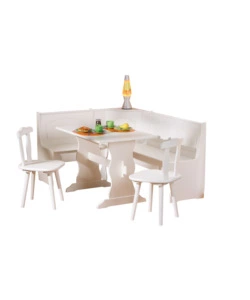 Tavolo panca e 2 sedie in pino massello bianco,  124/146x49x86 cm