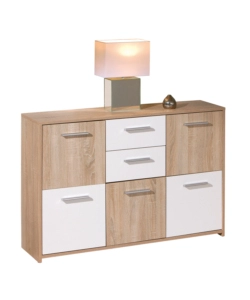 Credenza buffet 2 cassetti e 5 ante rovere e bianco, 115x30x77 cm