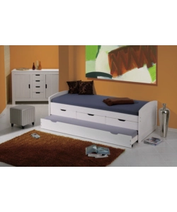 Letto singolo con cassetti e contenitore in pino massello, 98x195x63 cm