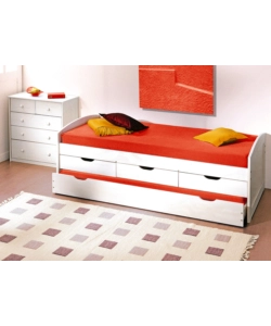 Letto singolo con cassetti e contenitore in pino massello, 98x195x63 cm