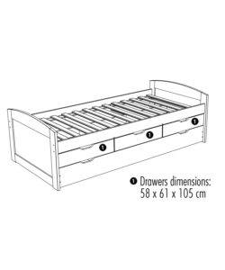 Letto singolo con cassetti e contenitore in pino massello, 98x195x63 cm