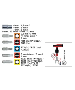 Mini cricchetto a t con inserti e bussole, set 48 pz.