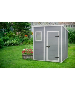 Casetta da giardino keter "manor pent 6x6" in resina colore grigio con porta battente singola 183,5x185x200 cm