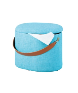 Pouf azzurro con contenitore e maniglia in ecopelle, 42x30x36cm