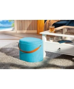 Pouf azzurro con contenitore e maniglia in ecopelle, 42x30x36cm