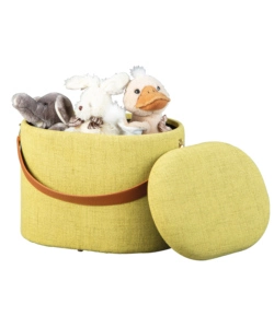 Pouf giallo con contenitore e maniglia in ecopelle, 42x30x36cm