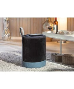 Pouf nero e azzurro con maniglia in ecopelle, 38x32,5x43 cm