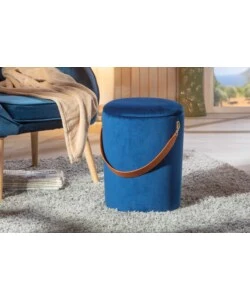 Pouf "secchiello" in velluto blu con maniglia, 35x35x45 cm